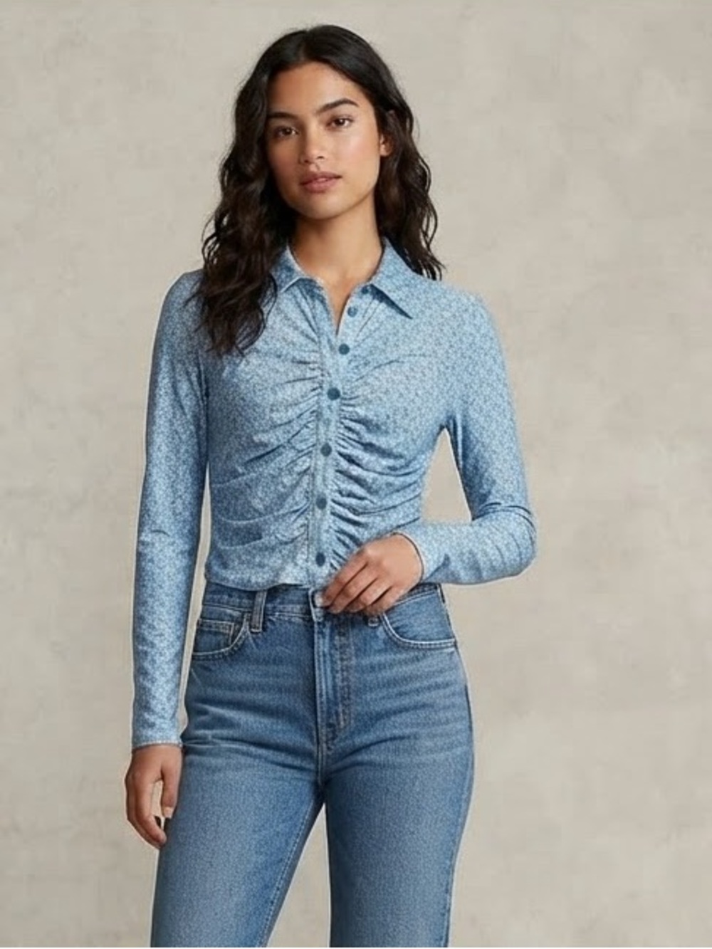 SO Long Sleeve Ruched Fitted Button Down Shirt(B 36” L18”)